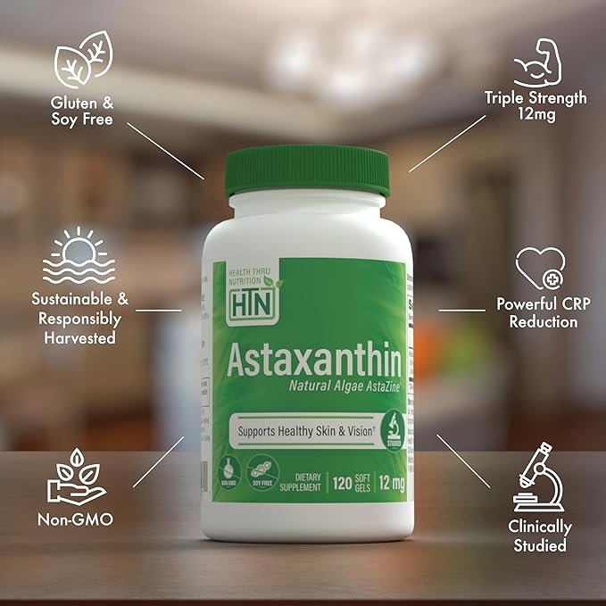 Health Thru Nutrition Astaxanthin Triple Strength 12mg Supplement 120 Softgels | AstaZine from Algae Organically Grown in Pristine Himalayan Water | Skin and Vision Support