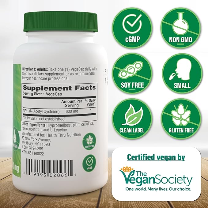 Health Thru Nutrition NAC N-Acetyl-Cysteine 600mg 60 Capsules | Vegan Certified | The Purest NAC Supplement | Supports Healthy Lung, Liver Functions & Cellular Health | Non-GMO Soy & Gluten Free