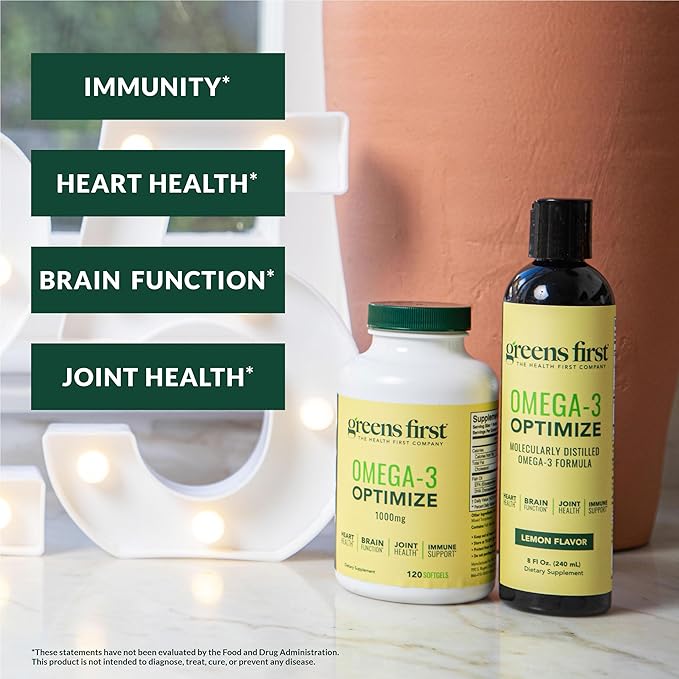 Greens First Omega-3 Optimize Daily Supplement – Ultra-Pure, Potent Marine Oil - for Heart, Brain & Joint Health - High EPA/DHA - Immune Support - 850mg (120 Softgels)