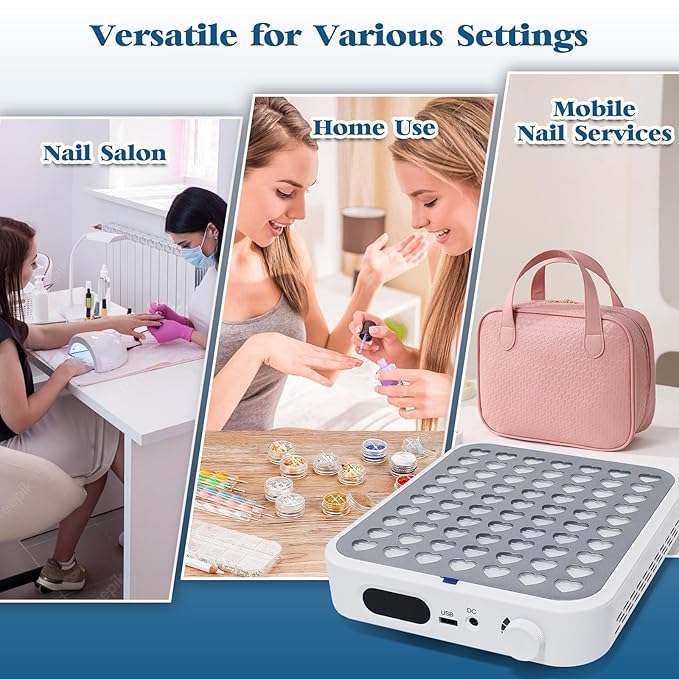 Rechargeable Nail Dust Collector - Professional Dust Collector Nail Tech with LED Display, Adjustable Speed, 2 Reusable Filter, and Strainer Panel for Acrylic Nails Polishing Manicure Salon Home