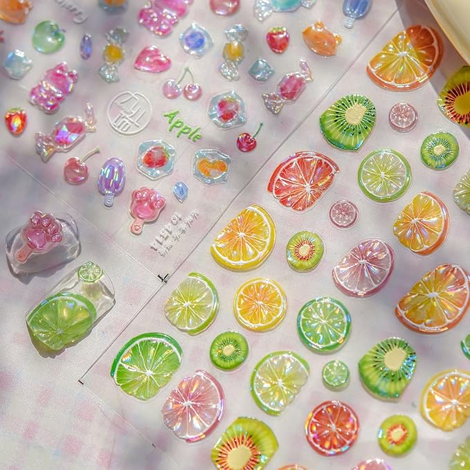 Summer Nail Art Stickers 5D Embossed Fruit Style Nail Decals Lemon Kiwifruit Self-Adhesive Nails Design Summer Nail Stickers Manicure Supply for Women DIY Nail Art Decorations