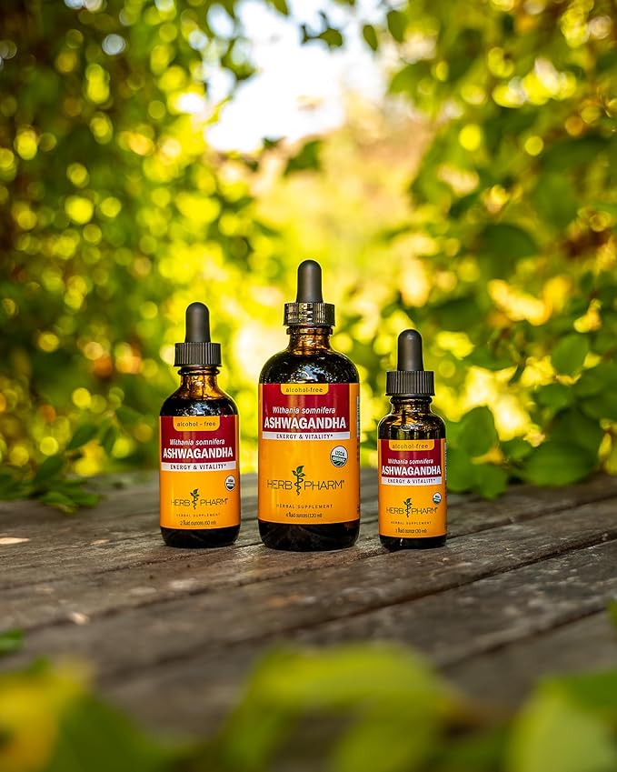 Herb Pharm Certified Organic Ashwagandha Extract Drops for Traditional Support for Energy and Vitality, Alcohol-Free Glycerite, 2 Oz