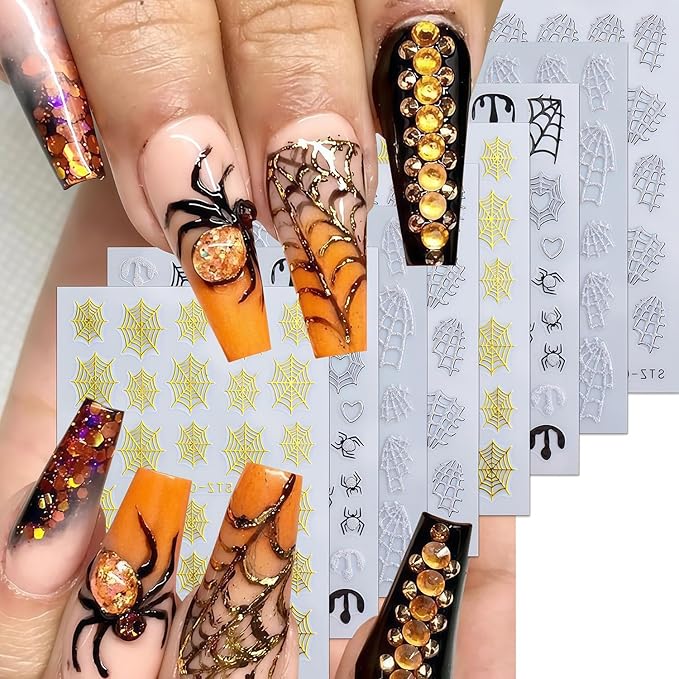 8 Sheets Halloween Nail Art Stickers 3D Self-Adhesive Shiny Gold White Silver Spider Web and Spider with Glitter Nail Art Design Sticker Festival Spiders Nail Stickers for DIY Manicure Decoration