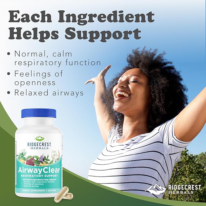 Ridgecrest Herbals AirwayClear, Lung Health and Breathing Support Supplements with Schisandra Fruit, Cassia Bark and Ginger Root, Sinus, Mucus Support, Gluten Free (60 Vegan Caps, 30 Serv)