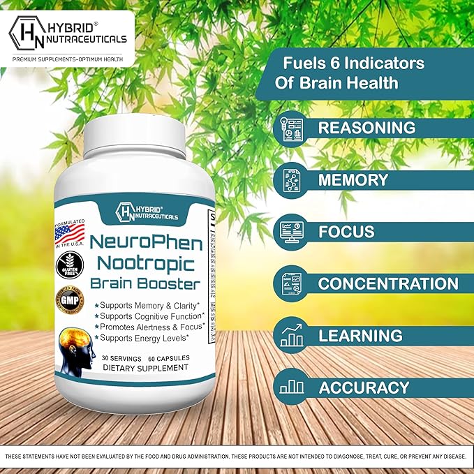 Hybrid Nutraceuticals NeuroPhen Nootropics Brain Booster Supplement - Focus Supplement, Memory Supplement for Brain with Bacopa Extract, Phosphatidylserine, Huperzine A - 60 Capsules