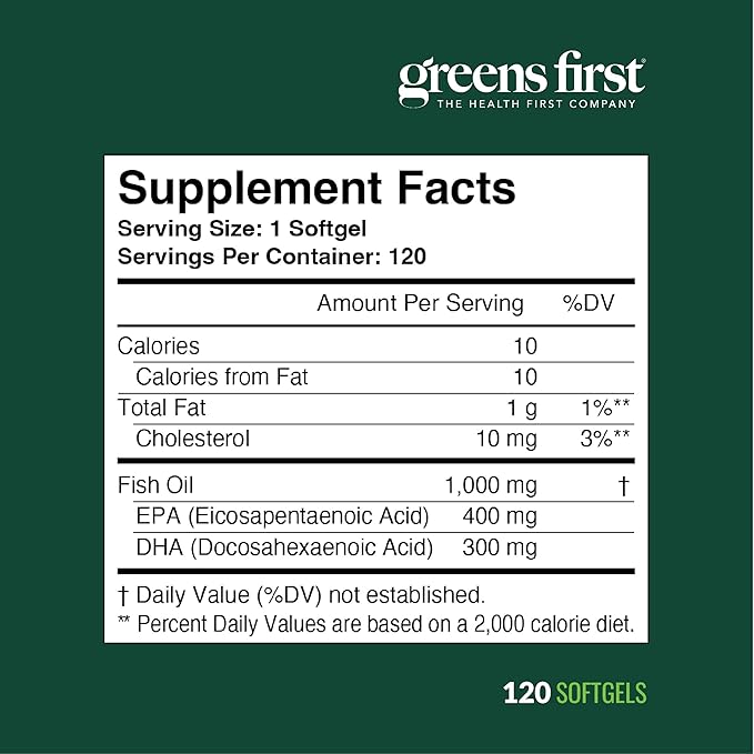Greens First Omega-3 Optimize Daily Supplement – Ultra-Pure, Potent Marine Oil - for Heart, Brain & Joint Health - High EPA/DHA - Immune Support - 850mg (120 Softgels)