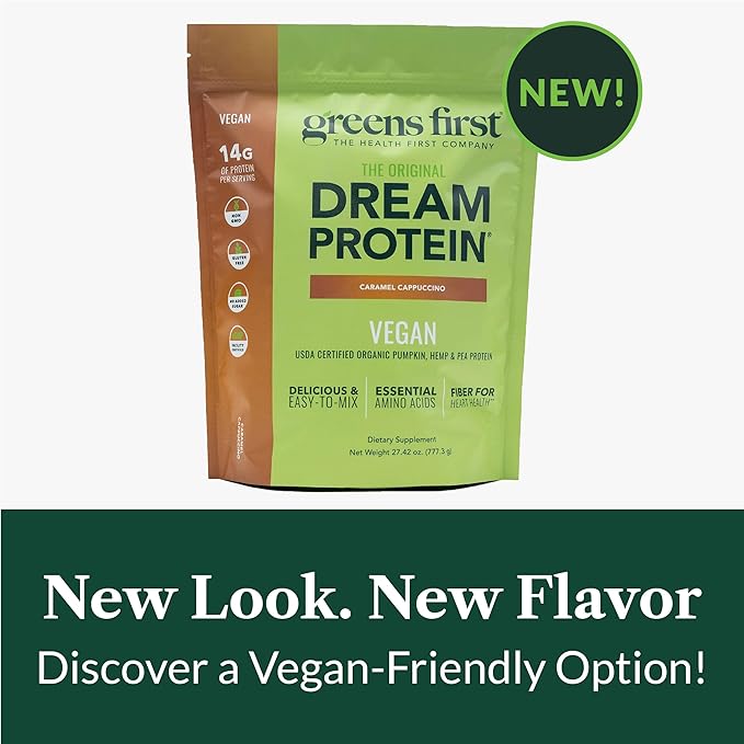 Greens First Dream Protein Plant-Based Vegan Powder - USDA Organic Pumpkin, Hemp & Pea Protein - Gluten-Free, Non-GMO, No Added Sugar (Caramel Cappuccino, 27.42 oz)