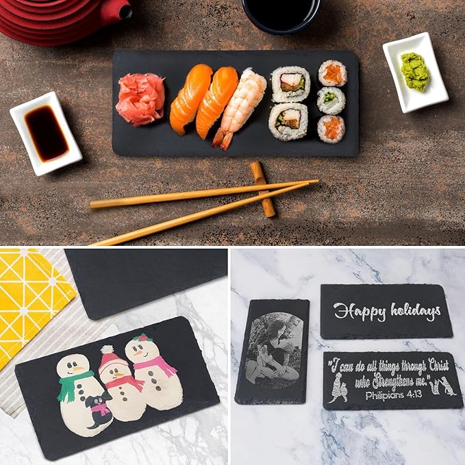 16 Pack 4 x 8 Inch Slate Cheese Boards, Black Rectangle Slate Charcuterie Boards, Natural Charcuterie Stone Plates for Parties, Gifts, and Special Events, Cheese, Sushi, Food.