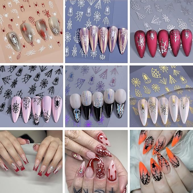 8 Sheets Halloween Nail Art Stickers 3D Self-Adhesive Spider Web Nail Stickers White Black Red Gold Laser Silver Spider Design Nail Decals for Women Girls Scary Halloween Manicure Decoration
