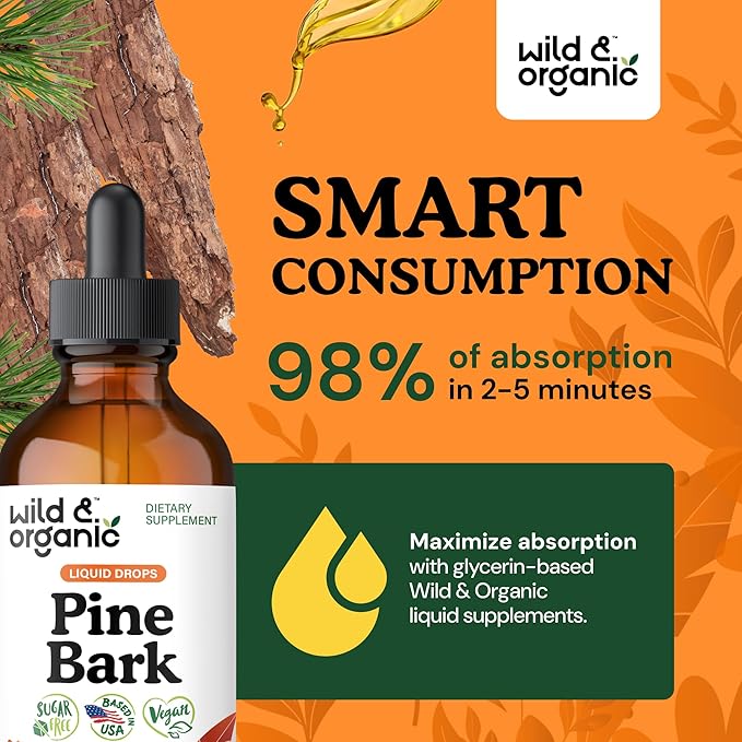 Wild & Organic Pine Bark Drops - Antioxidant Support - French Maritime Pine Bark Extract Tincture - 5-Month Supply - Pinus Pinaster Supplement - Vegan, Sugar & Alcohol-Free - 4 fl oz