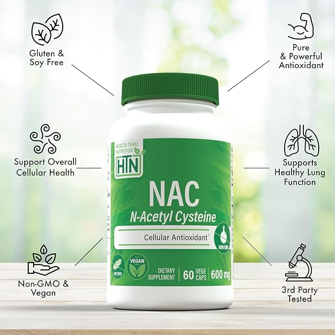 Health Thru Nutrition NAC N-Acetyl-Cysteine 600mg 60 Capsules | Vegan Certified | The Purest NAC Supplement | Supports Healthy Lung, Liver Functions & Cellular Health | Non-GMO Soy & Gluten Free