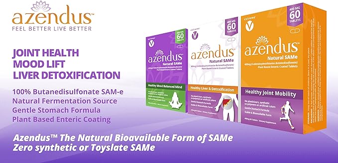 Azendus Mood 400mg 2-Boxes of S-Adendosylmethionine Butanedisulfonate (SAM-e) 120 Enteric Coated Tablets - Vegan, Gluten Free, Soy Free