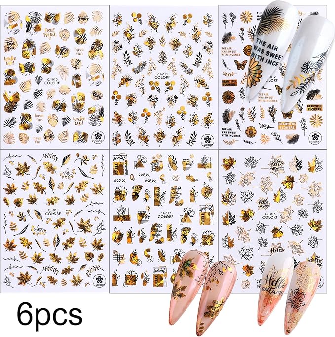 Fall Maple Leaves Nail Art Stickers for Thanksgiving, Gold Maple Leaves Nail Decals 3D Self-Adhesive with Flowers Butterfly Design 6Pcs Laser Gold Glitter Nail Art Supplies for Women Nail Decoration