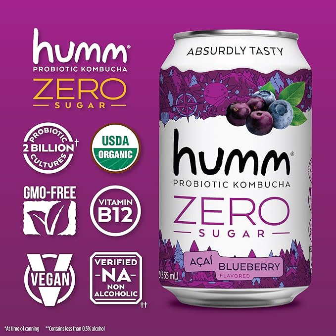 Humm Probiotic Kombucha Zero Sugar Acai Blueberry, No Refrigeration Needed, Keto Friendly, Organic, Vegan, Gluten Free, 12oz Cans (16 Pack)