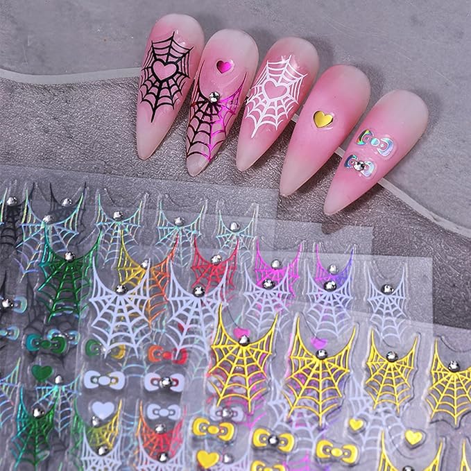 Halloween Nail Art Stickers Decals 4PCS White Spider Web Spider Nail Decals with Rhinestone Crystal Spider Web Spider Nail Stickers Bow Heart Halloween Nail Art Supplies for Women Manicure Decorations