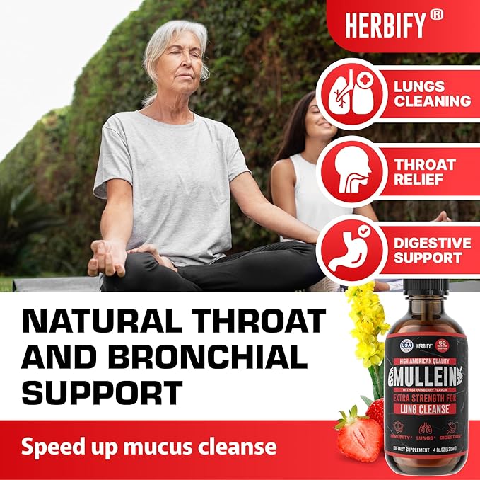 HERBIFY Mullein Drops - Lung Cleanse - Leaf Extract - Powerful Mullein for Immune Support, Detox & Respiratory Support - Made in USA - 4 Oz Strawberry Flavor