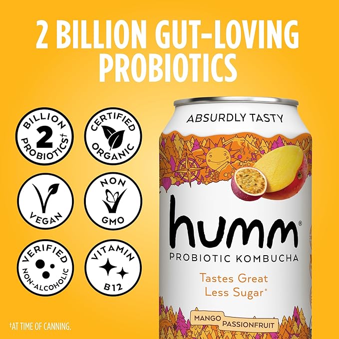 Humm Kombucha Sampler Pack, Includes Original Mango Passionfruit Kombucha, Zero Sugar Blood Orange, Whole30 Approved Strawberry Blossom (Pack of 24)