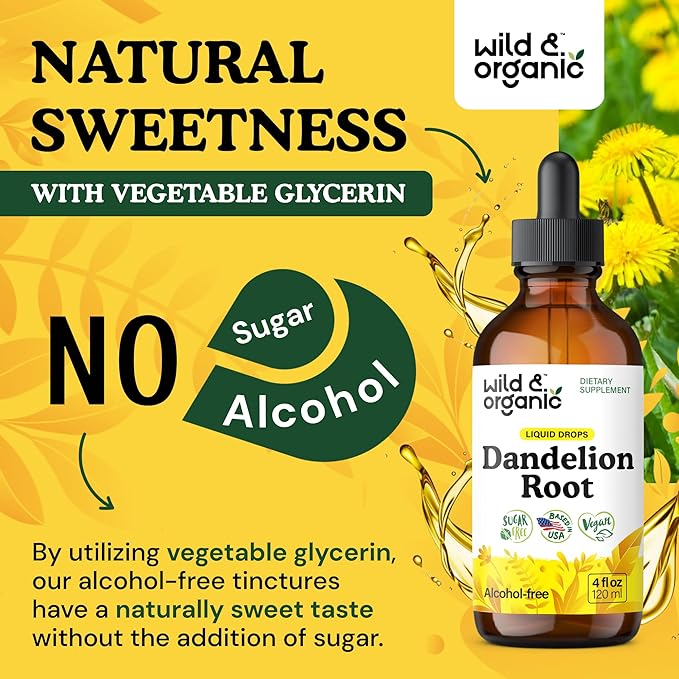 Wild & Organic Dandelion Root Extract Drops - Liver Cleanse Detox Support - Dandelion Tincture for Liver Health - Vegan, Sugar & Alcohol-Free Liquid Supplement - 4 fl oz
