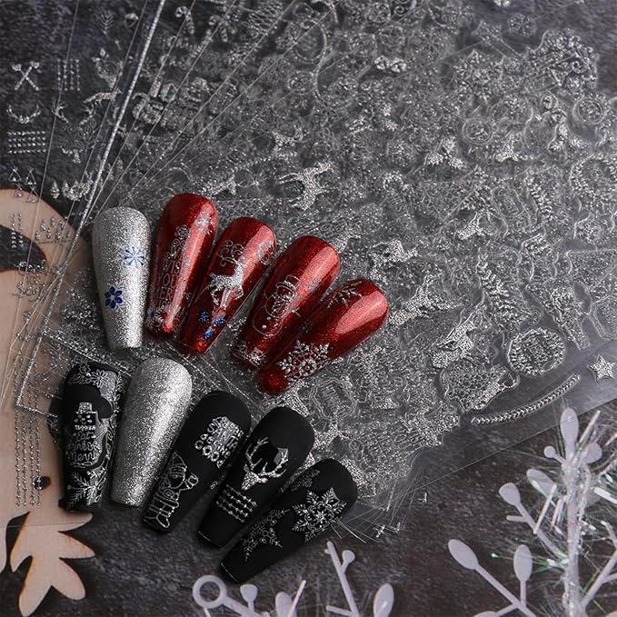 JMEOWIO 9 Sheets Christmas Glitter Nail Art Stickers Decals Self-Adhesive Snowflake Winter Holiday Silver Nail Supplies Nail Art Design Decoration Accessories
