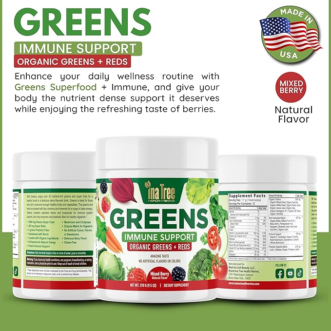 Greens Powder Immune Support, Superfood Blend with 20 Organic Greens & Superfruits, Boost Energy Level, Digestive Enzymes & Prebiotic Blend, Natural Mixed Berry Flavor (9.5 Oz)