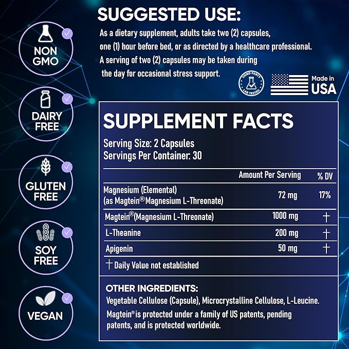 Clinically Studied β Premium High Absorption Magnesium Sleep Supplement β Magnesium L-Threonate L-Theanine Apigenin β Sleep & Stress Support β Third Party Tested β Made in USA β Gluten Free