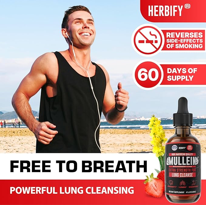HERBIFY Mullein Drops - Lung Cleanse - Leaf Extract - Powerful Mullein for Immune Support, Detox & Respiratory Support - Made in USA - 4 Oz Strawberry Flavor