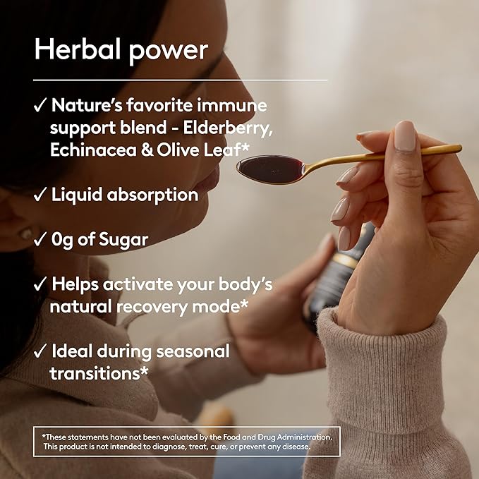 Immune + Wellbeing, Herbal Immune Support Syrup, with Elderberry, Echinacea & Olive Leaf, Liquid Absorption, Great Tasting Wild Berry Flavor, Alcohol-Free, Plant-Based, 6.7 fl oz