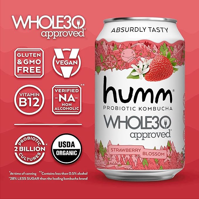 Humm Whole30 Approved Kombucha, Strawberry Blossom, Organic, Vegan & GMO Free (24 Pack)