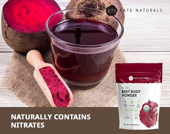 Kate Naturals Organic Beet Root Powder for Smoothies, Baking & Juice. Raw Beetroot Superfood Extract & Natural Red Food Coloring & Nitric Oxide (8oz, Non-GMO, Earthy Flavor)