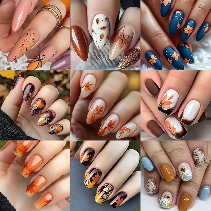 8 Sheets Fall Nail Art Stickers Autumn Maple Leaf Pumpkin Nail Sticker 3D Self-Adhesive Nail Decals Gold Glitter Plaid Pumpkin Nail Designs Thanksgiving Holiday DIY Manicure Decor Sticker for Women
