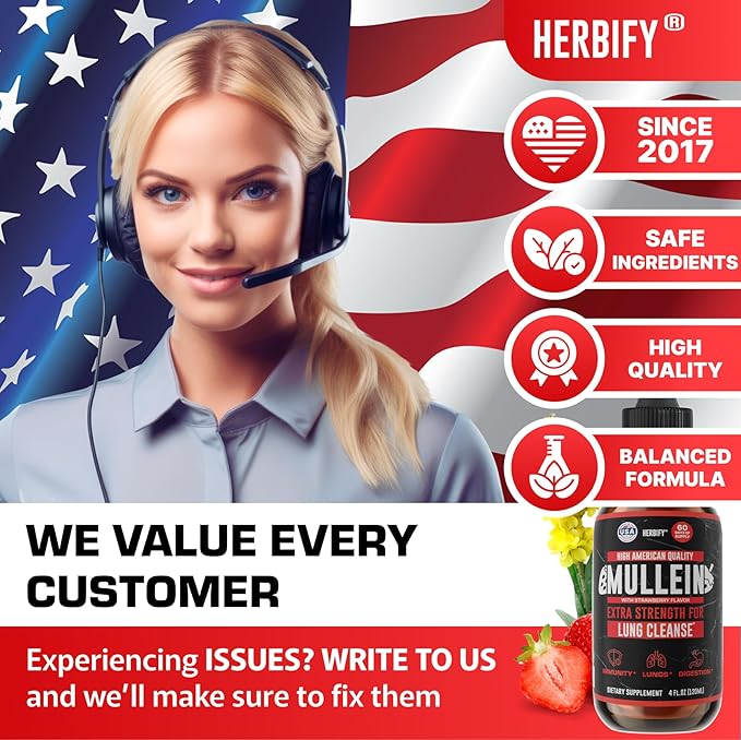 HERBIFY Mullein Drops - Lung Cleanse - Leaf Extract - Powerful Mullein for Immune Support, Detox & Respiratory Support - Made in USA - 4 Oz Strawberry Flavor