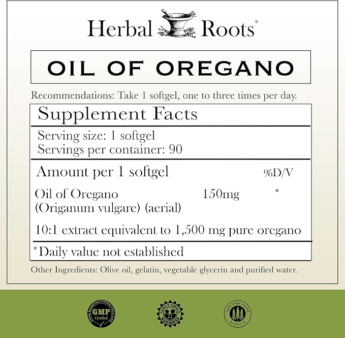 Herbal Roots Oil of Oregano - Made from Mediterranean Oregano Oil - 90 Easy to Swallow Softgel Capsules - Extra Strength 150mg