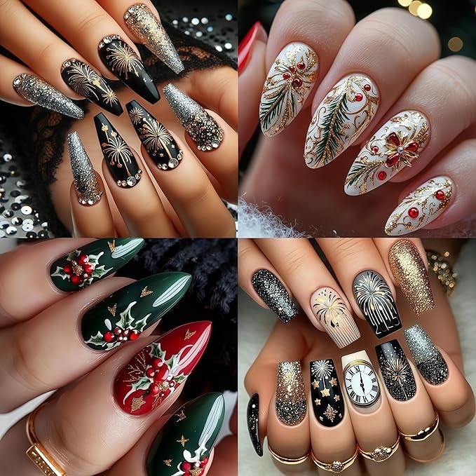 6 Sheets Christmas Bell Holly Leaf Nail Art Stickers 3D Clock Glitter Firework Design Nail Decals Xmas Tree Bow Nail Design Santa Claus Elk Nail Supplies for New Year Holiday Nail Art Decorations