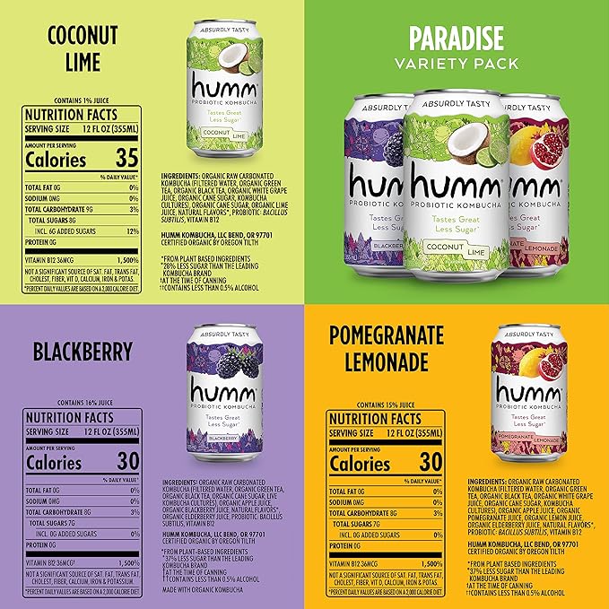 Humm Kombucha Paradise Variety 12 Pack, 2 Billion Probiotics for Gut Health, Blackberry, Coconut Lime, Pomegranate Lemonade