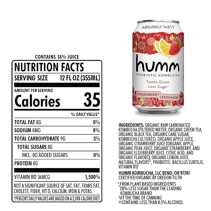 Humm Kombucha Strawberry Lemonade, Organic, Vegan & GMO Free (24 Pack)