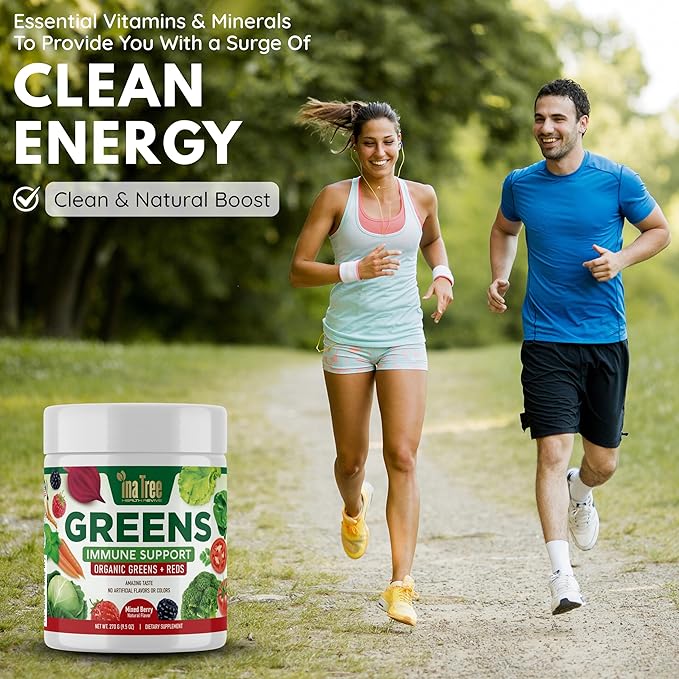 Greens Powder Immune Support, Superfood Blend with 20 Organic Greens & Superfruits, Boost Energy Level, Digestive Enzymes & Prebiotic Blend, Natural Mixed Berry Flavor (9.5 Oz)