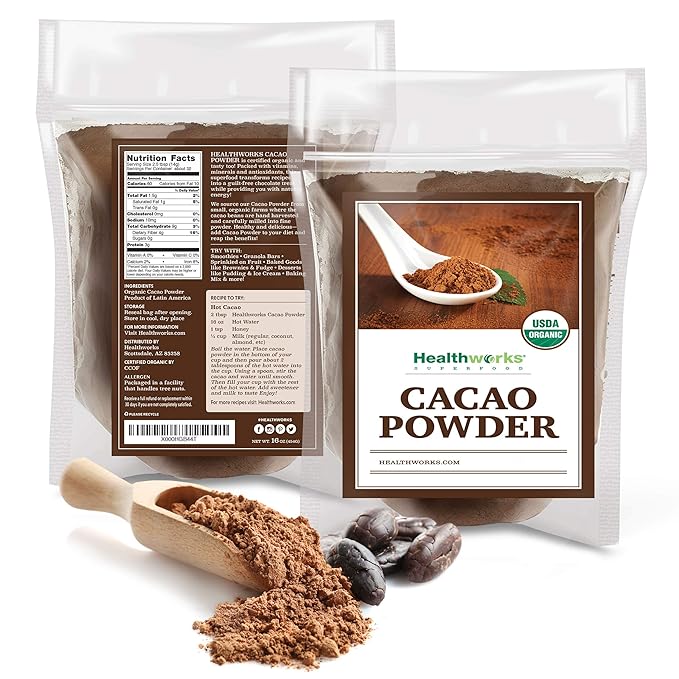 Healthworks Superfoods Organic Cacao Powder - 16 Oz / 1 Lb - Cocoa Chocolate Substitute - Rich Choclate Flavour - Sugar-Free, Keto, Vegan & Non-GMO - Peruvian Bean/Nut Origin - Antioxidant Superfood