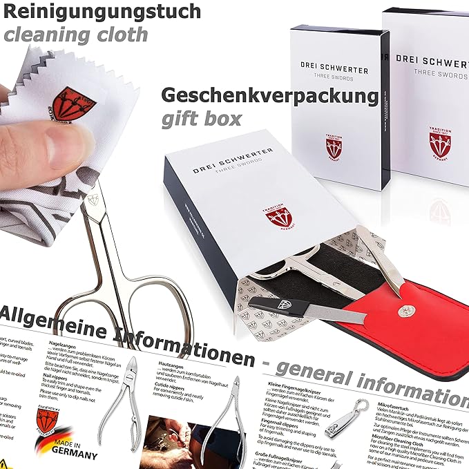 3 Swords Germany - brand quality 12 piece manicure pedicure grooming kit set for professional finger & toe nail care scissors clipper fashion leather case in gift box, Made by 3 Swords (00798)