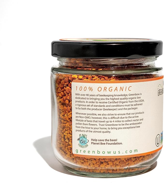 Greenbow Organic Bee Pollen - 100% USDA Certified Organic, Non-GMO, Halal, Kosher Certified, Pure & Natural Bee Pollen - Superfood Packed with Proteins, Vitamins & Minerals - Gluten Free - 155g