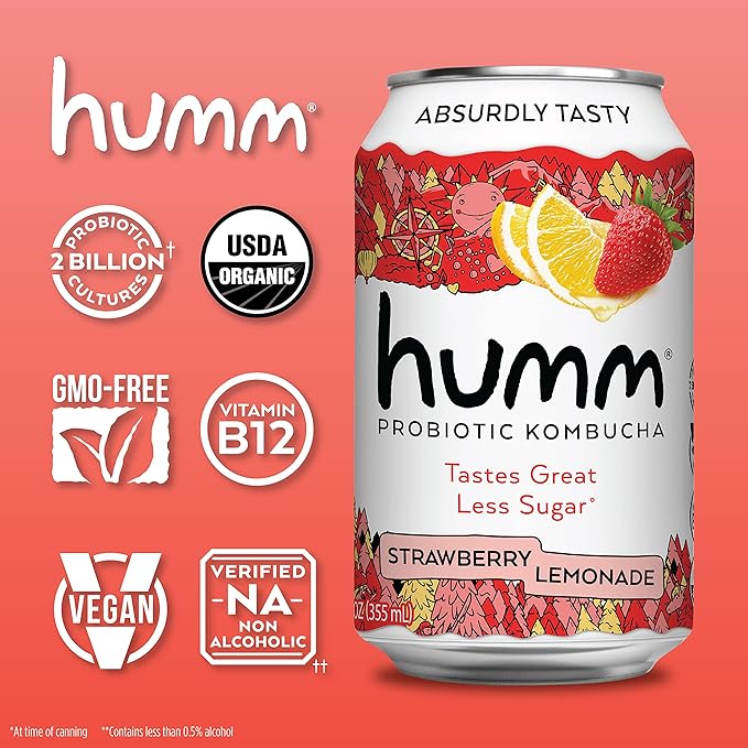 Humm Kombucha Strawberry Lemonade, Organic, Vegan & GMO Free (24 Pack)