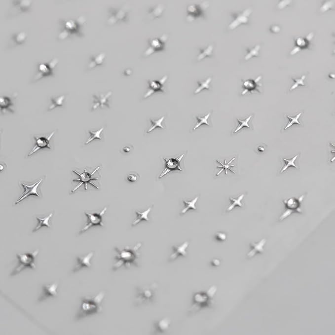 1Sheet Silver Star Nail Decals 5D Embossed Self-Adhesive Diamond Star Nail Sticker Shiny Rhinestones Stars Nail Design Holographic Stars Nails Decoration Mini Nails Supplies for Women Manicure DIY