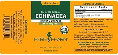 Herb Pharm Certified Organic Echinacea Root Liquid Extract for Immune System Support, Alcohol-Free Glycerite, 4 Ounce