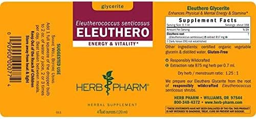 Herb Pharm Eleuthero Root Liquid Glycerite for Energy and Stamina, Alcohol-Free Glycerite, 4 Ounce