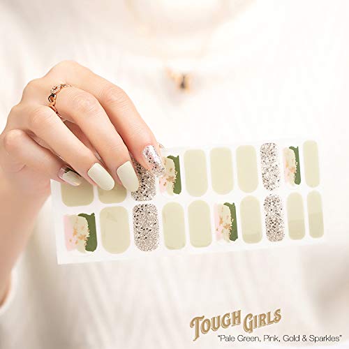 | 20 Exquisite Gel Nail Polish Strips w/Application Accessories - No UV/LED Lamp Required (Pale Green, Pink, Gold & Sparkles)