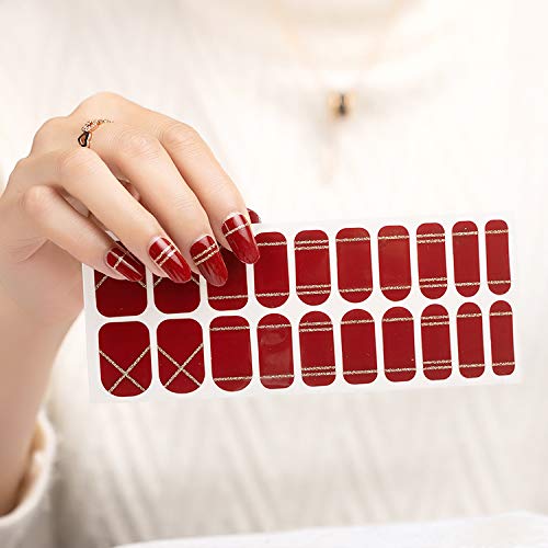 | 20 Exquisite Gel Nail Polish Strips w/Application Accessories - No UV/LED Lamp Required (Holiday | Burgundy & Gold Lines)