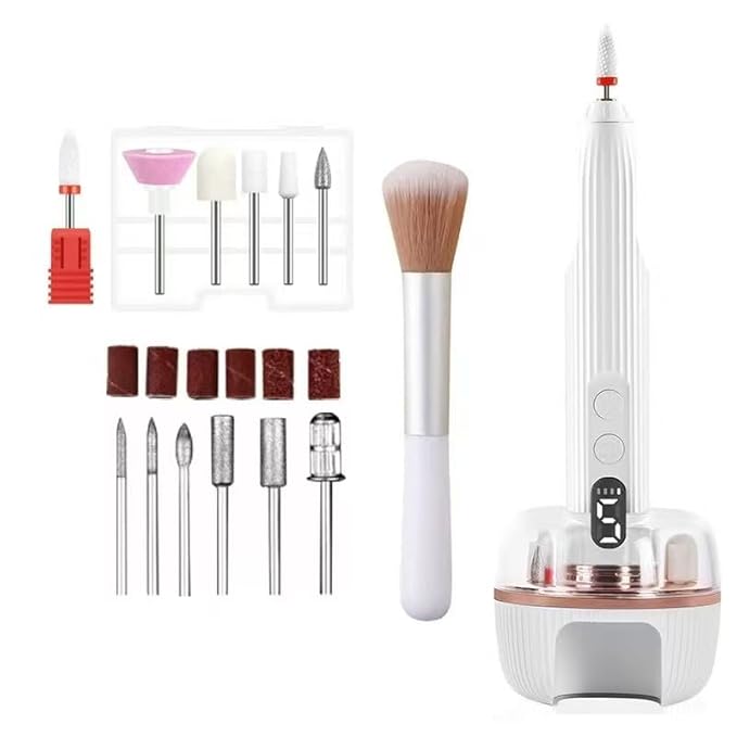 Portable Nail Drill Electric Nail File with UV LED Nail Lamp, 12 Drills and Rechargeable Base, 5 Speeds Hand Foot Care Tool for Grind Trim Polish