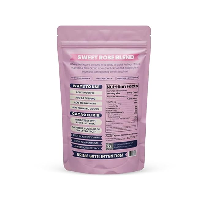 Holy Cacao Sweet Rose Blend – Organic Ceremonial Grade Cacao with Rose for Rituals & Meditation – Vegan, Gluten-Free, High Flavanol Cocoa Powder, and Crio Bru Alternative (8 OZ, Sweet Rose Blend)