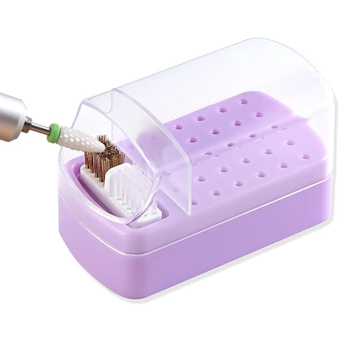 2 in 1 Nail Drill Bit Holder & Cleaner Brush Case, 30 Holes Dustproof Stand Display Storage Box with Steel Wire & Nylon Double Brush for Cleaning Tungsten Carbide Ceramic Nail Drill Bits Cuticle