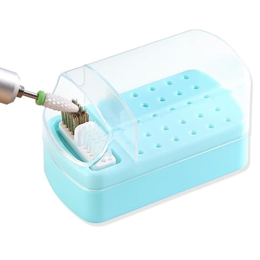 2 in 1 Nail Drill Bit Holder & Cleaner Brush Case, 30 Holes Dustproof Stand Display Organizer Container, Steel Wire & Nylon Double Brush for Cleaning Tungsten Carbide Ceramic Nail Drill Bits Cuticle