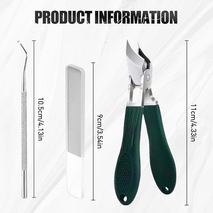 Splashproof 25° Beveled Edge Nail Clippers 3-Piece Set, New Long Handle Wide Jaw Opening Anti-Splash Slanted Nail Clipper for Thick and Ingrown Nails,Includes Nail File for Complete Nail Care (Green)